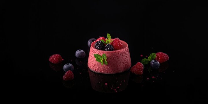 Creamy berry pudding garnished with fresh mint and scattered raspberries over black surface