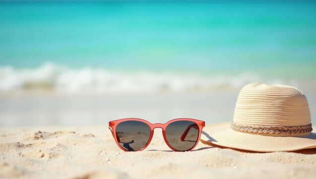 Sunglasses and straw hat resting on sandy beach with turquoise ocean waves gently lapping in the background under bright sunlight