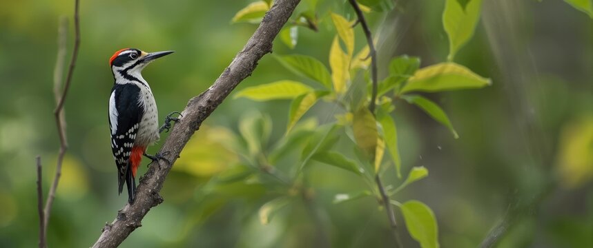 Curious Nuttalls woodpecker balanced on a slender tree branch