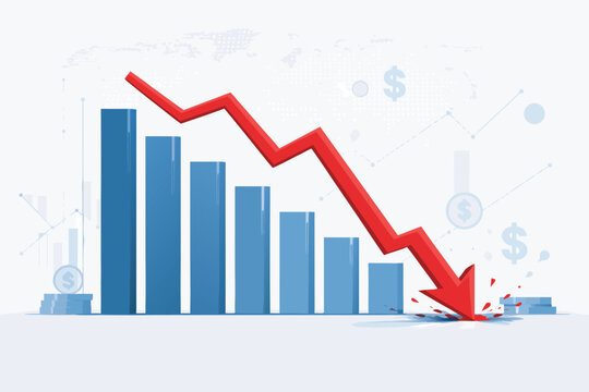 Falling arrow chart representing business finance graph down trend economic recession data decline market crash financial crisis failure loss and negative growth in corporate stock statistics.