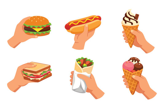 People hands holding fast food set including burger hot dog sandwich ice cream cone shawarma and wafer isolated vector illustration. Delicious snacks and street food collection for menu design.