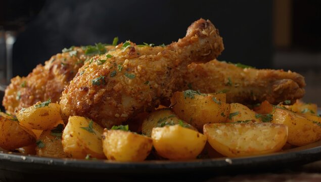 Golden crispy chicken broasted with deep fried potatoes seasoned with herbs