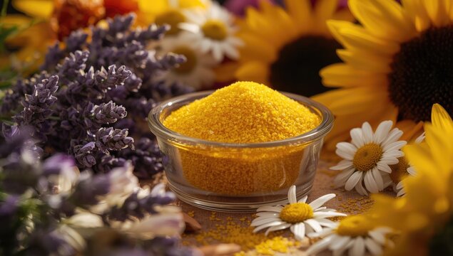 Glass vessel of bee pollen with surrounding flowers epitomizing apitherapy and natural immune boosting effects