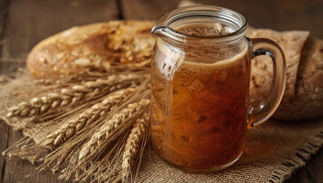 Glass jug filled with traditional kvass next to rye bread and wheat ears displayed on burlap surface