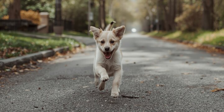 Excited puppy running freely along a paved street