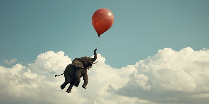 Content baby elephant happily flying high with a balloon