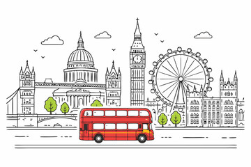 Obraz premium Iconic London cityscape line art featuring famous landmarks and a classic red double-decker bus in a simple flat vector illustration style, capturing the urban essence of the British capital.