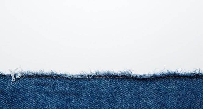 Close up of frayed torn denim fabric edge on white backdrop with copy space