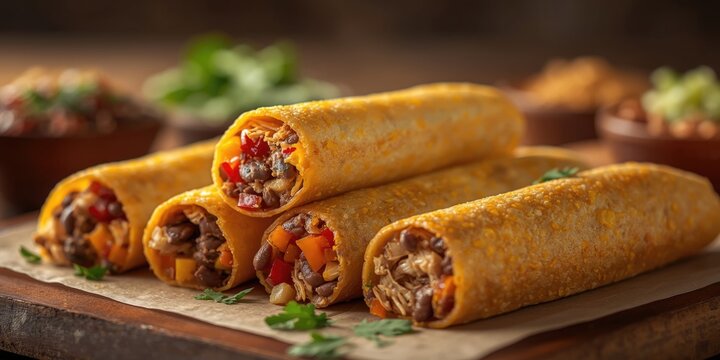 Golden crunchy rolled corn tortillas with mixed fillings as a classic flautas presentation