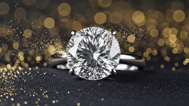 Stunning Diamond Ring Sparkles with Golden Bokeh Background.