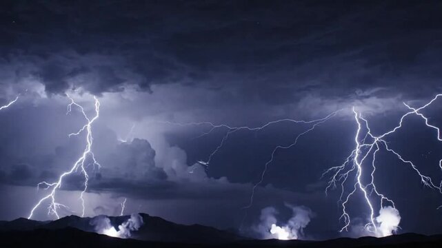 Powerful Lightning Storm Illuminating Dark Night Sky Over Mountain Landscape