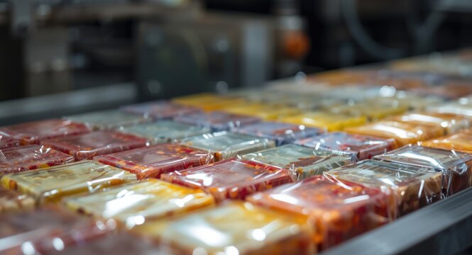 Close-up view of assorted soap bars wrapped with plastic film by an industrial packing machine