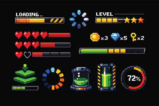 Pixel loader retro video game download process indicator and health meter status bar collection for arcade gaming user interface design and 8-bit digital progress vector illustration