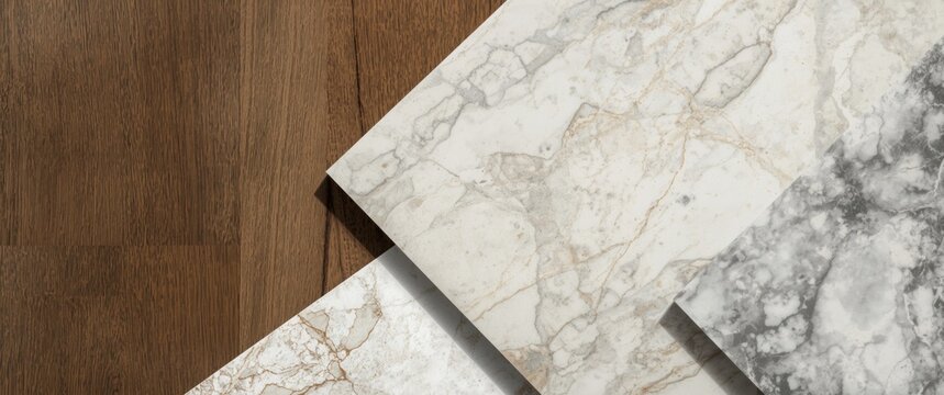 Composition of ash wood veneer paired with white and beige grained quartz stone samples from a top perspective