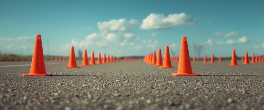 Driving school setup featuring orange traffic cones on pavement