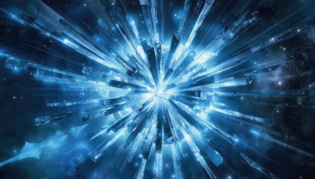 Comic art of exploding ice shards and bursting energy particles over cosmic background