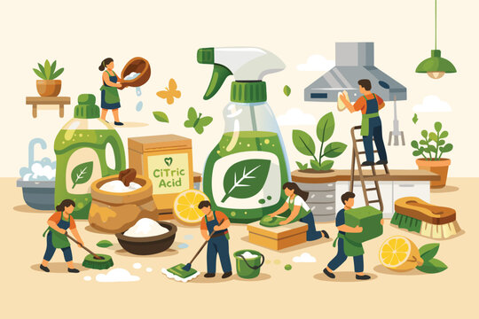 Professional cleaning service housekeeping with eco fiendly biodegradable and sfe products concept tiny pople in aprons working togther on flat vector illustation for domestic hygiene