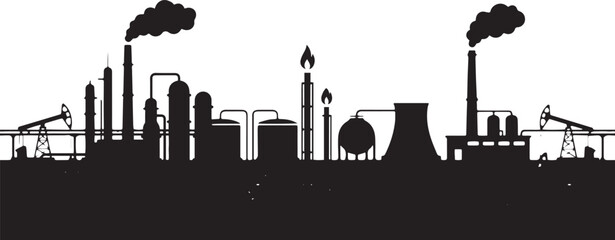Obraz premium Silhouette of a vast industrial factory and oil refinery complex with smoking chimneys, symbolizing heavy industry, energy production, and environmental impact and pollution