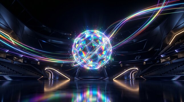 Futuristic glowing soccer ball floating in the center of a modern dark stadium with colorful light trails and reflections on the floor