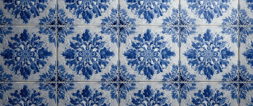 Detailed view of heritage Delftware ceramic tiles applied in ornamental architecture