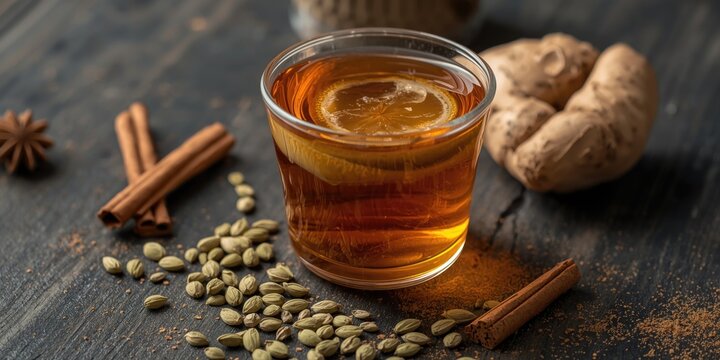 Handcrafted jaggery tea with green cardamom seeds, ginger slices, and cinnamon