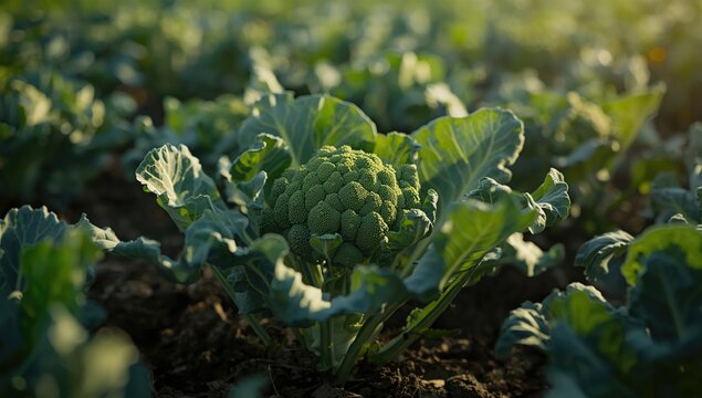 Growing broccoli plants thriving with vitality in a fresh agricultural field