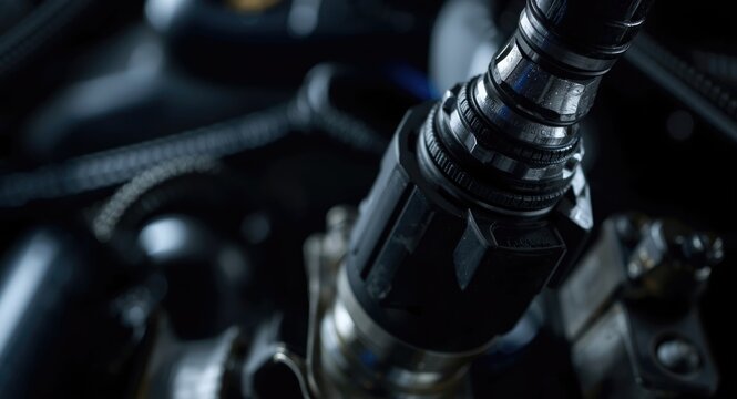 Detailed close up of a diesel engine fuel injector nozzle under inspection at automotive repair stand