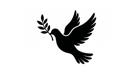Obraz premium Peace Dove Silhouette with Olive Branch, Clean Black Bird Vector Icon Isolated on White Background
