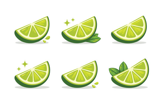 Lime wedge icon set vector illustration featuring fresh sliced citrus logos with rind. Harmonious logo variations of green limes perfect for beverage branding, cocktail bars, and organic food market.