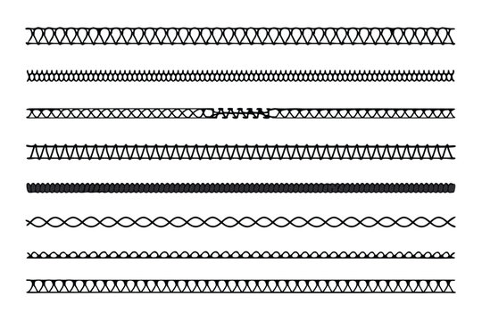 Detailed overlock fabric elements and line border featuring sewing stitches and embroidery seams isolated on white background, simple flat vector illustration for textile design and crafts.