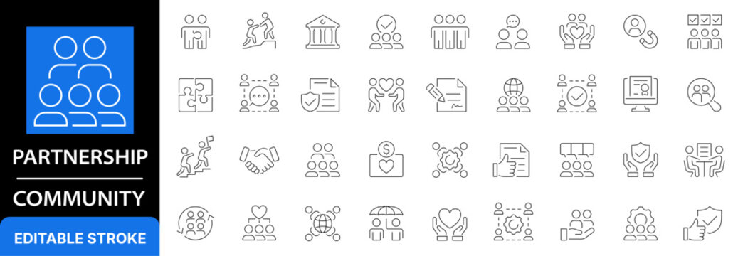 Partnership and community line icon set. Teamwork, business cooperation, charity, social support and leadership outline symbols. Editable stroke.