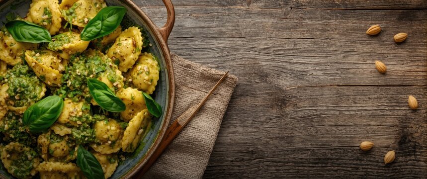Delicious tortellini tossed in pine nut pesto and basil leaves placed on wooden surface with copy space