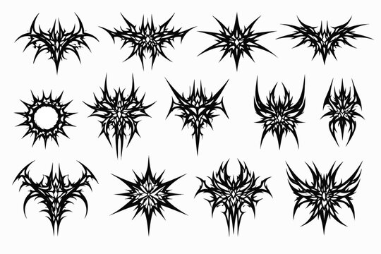 Edgy set of dark cybersigilism and neotribal vector illustrations with sharp spiky abstract icons and gothic tattoo elements for modern graphic design, street wear, and underground aesthetics.