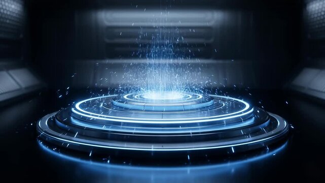 Futuristic circular platform with glowing blue light beams emerging from a metallic dark tech stage