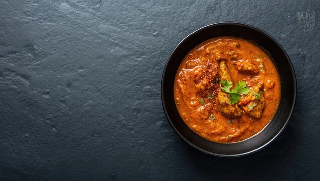 Flat lay of a spicy vegetarian Indian Veg Kolhapuri curry served in a black bowl on a dark slate table featuring copy space