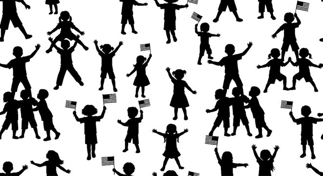 Cheering children waving american flags seamless pattern