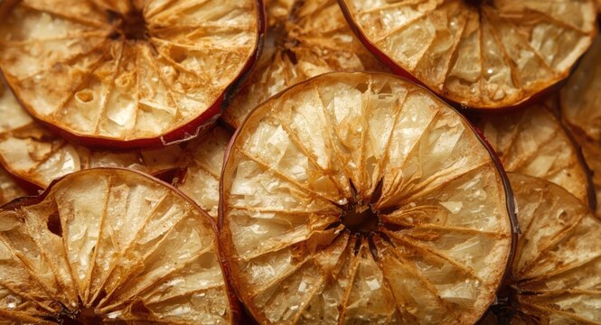 Close up view of dried apple slices texture background