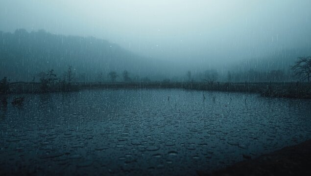 Hazy rainy landscape showing raindrop covered pond surrounded by low visibility
