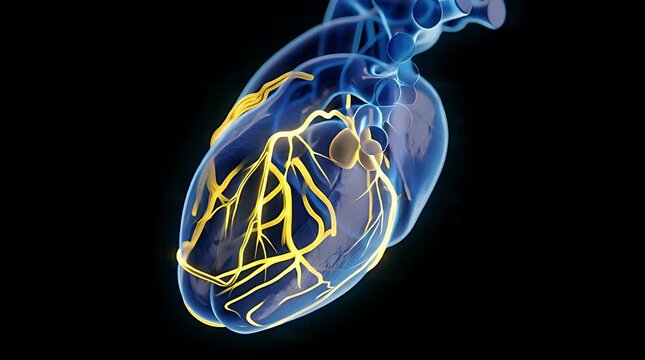 Anatomical illustration of the human heart with highlighted electrical conduction system.