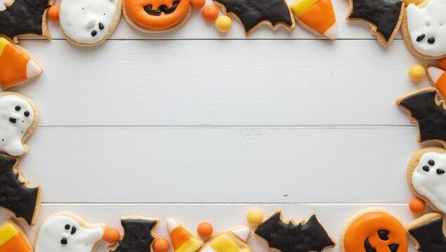 Halloween cookie border with a mix of ghost bat jack o lantern and candy corn cookies on a white wooden tabletop