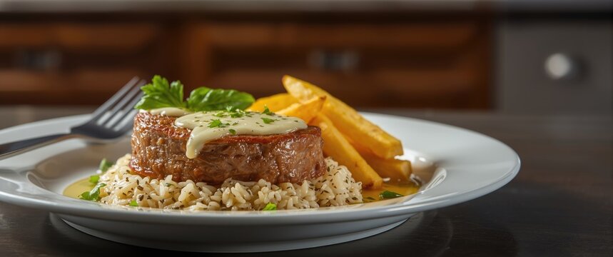 Flavorful filet parmegiana steak presented with herbed rice and salted fries