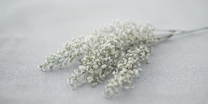 Elegant sprigs of meadowsweet spiraea laid on neutral gray field