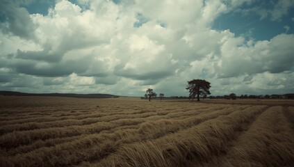 Fototapeta premium Grain textured windy field featuring solitary trees beneath turbulent stormy sky copy space