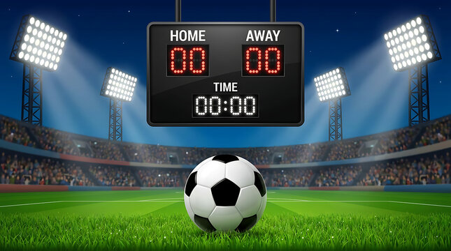 Illuminated soccer stadium at night with a ball on the pitch and scoreboard ready for thrilling game action