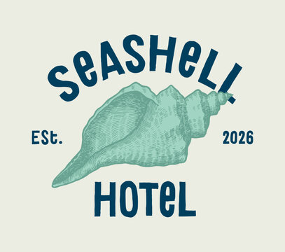 Seashell hotel vintage typography t-shirt print vector illustration.