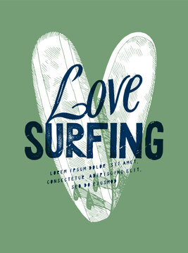 Love Surfing. Two surfboard in a heart shape. Vintage typography surfing t-shirt print vector illustration.