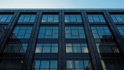 Obraz premium Corporate facade featuring multiple reflective windows under blue sky