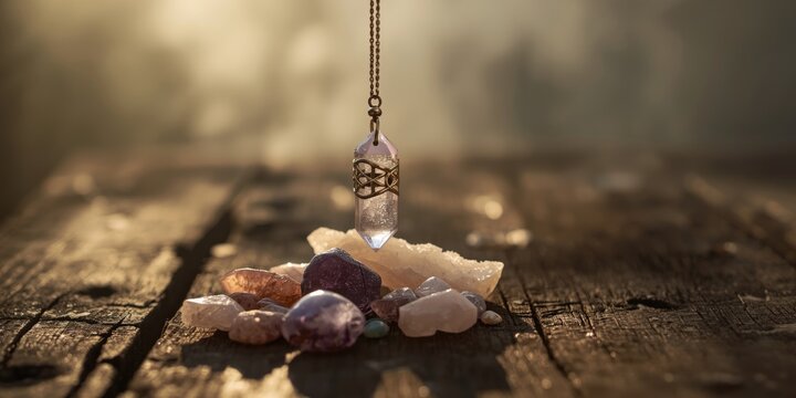 Esoteric crystal pendulum and assorted healing stones arranged on rustic wood