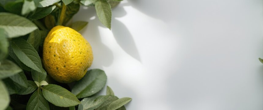 Close up view of vibrant etrog fruit surrounded by green foliage on a bright white backdrop with copy space