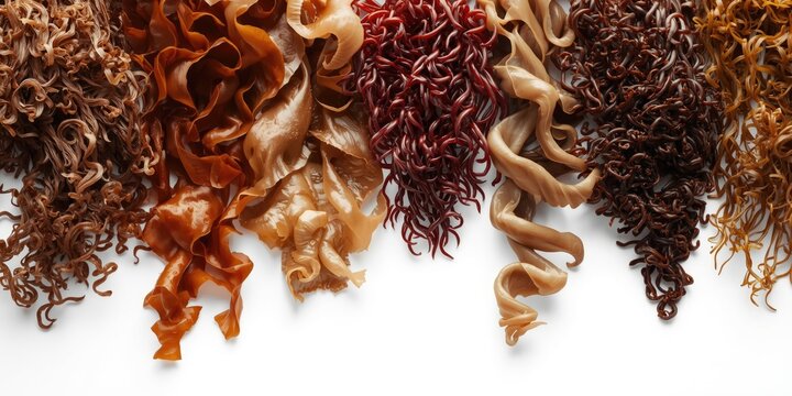 Diverse brown seaweed varieties including fucus vesiculosus on white backdrop